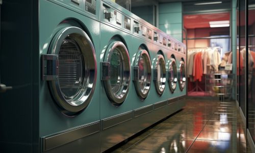 In the laundry room, the washing machine is running, clothes are rolling in the washing machine, and various detergents and softeners are hung on the walls of the laundry room, showing the neatness and order here, reflection photography, Constructivism, 32K, hyper quality --ar 3:2 --v 5.2 Job ID: 4e6b3886-b8d9-4072-b8b2-2268394cd7a3